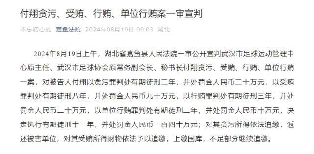 开云体育登陆入口-武汉足协原秘书长付翔获刑11年 并处罚金140万